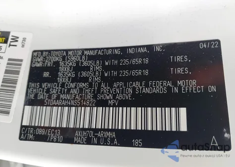 2022 Toyota Highlander Hybrid Xle Bronze Edition z USA, uszkodzony, nr VIN 5TDAARAH4NS514822